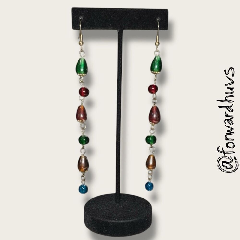 Handmade Long Glass Bead Earrings – Irregular Shape, Artisan Dangle, Boho Style